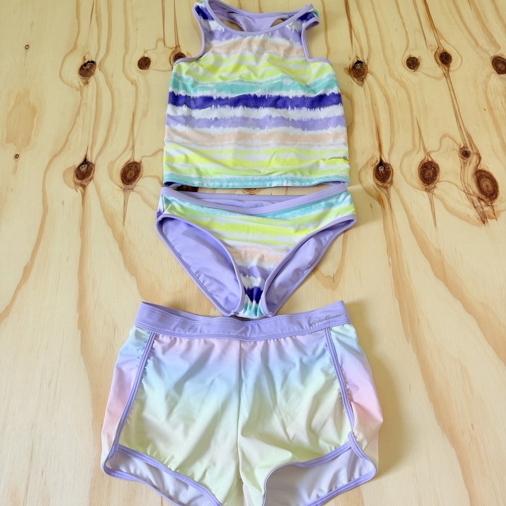 Eddie Bauer Girls Reversable Swim Suit Bikini Shorts Large 14-16 3 Pieces